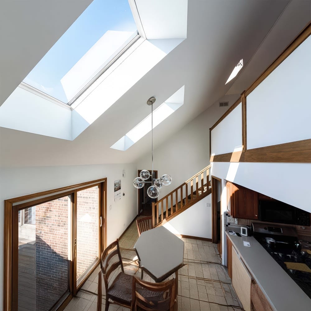 Bright Dining Area With Slanted Ceiling Showcasing Large Skylights And Wooden Accents