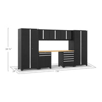 Cabinet Set Pro Series 8 Pieces With 84 In Worktop Featuring Two Tall Cabinets Multiple Overhead Cabinets And A Wooden Countertop