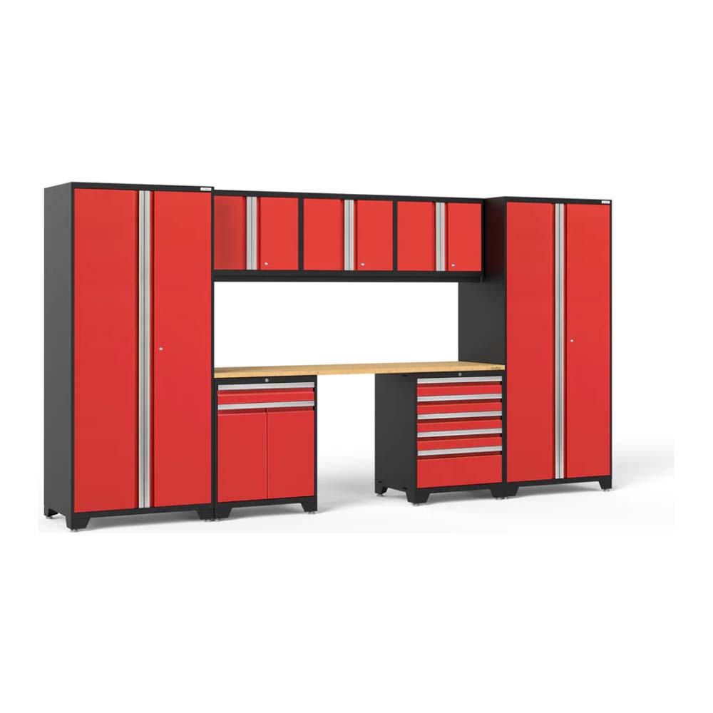 Cabinet Set Pro Series 8 Pieces With 84 In Worktop With Red Doors And Black Frames