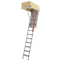 Ceiling-Mounted Attic Ladder System With A Wooden Frame Insulated Hatch Door And A Fully Extended Metal Ladder