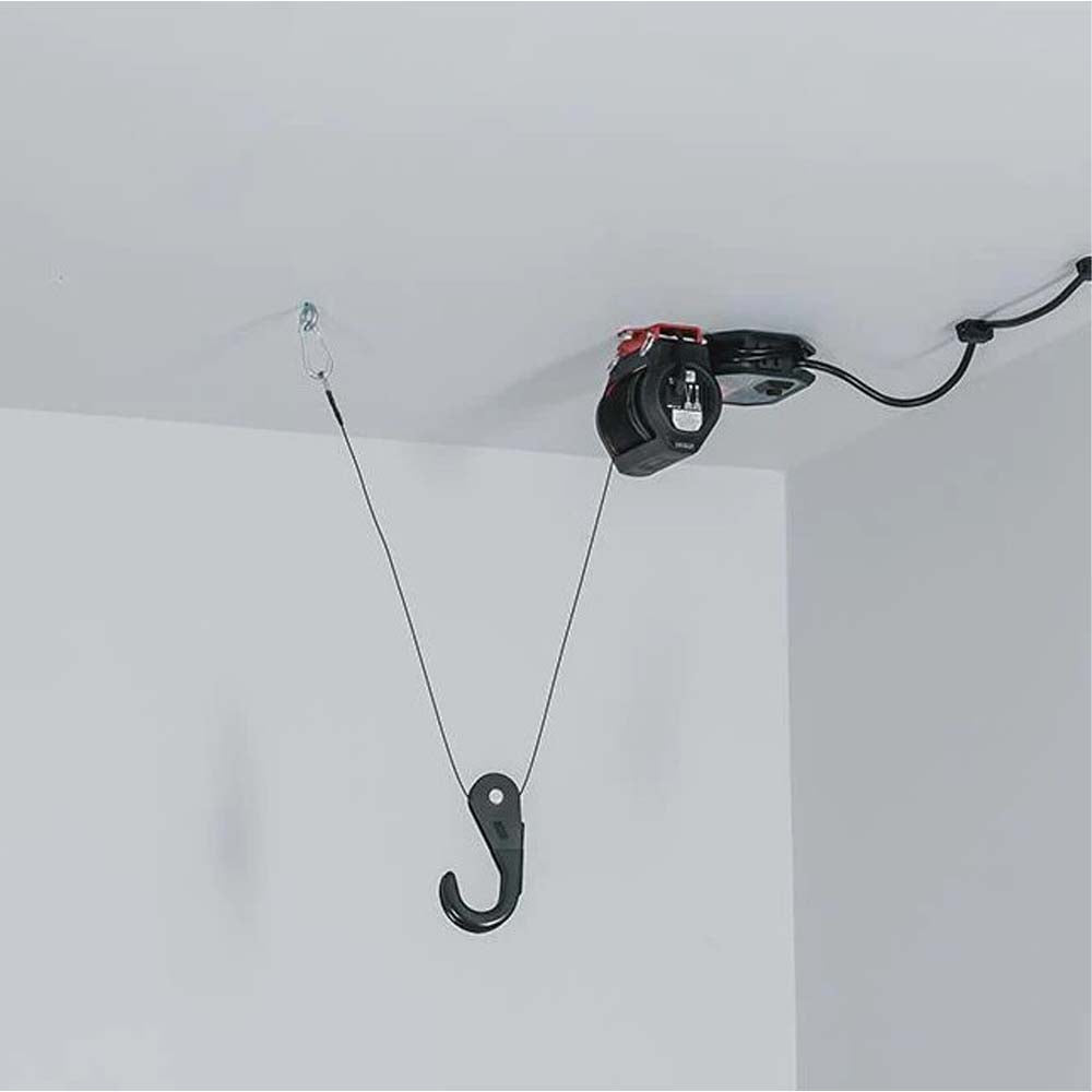 Ceiling Mounted SmarterHome Electric Lifts For Garage Storage With A Black Control Unit And An Attached Hook