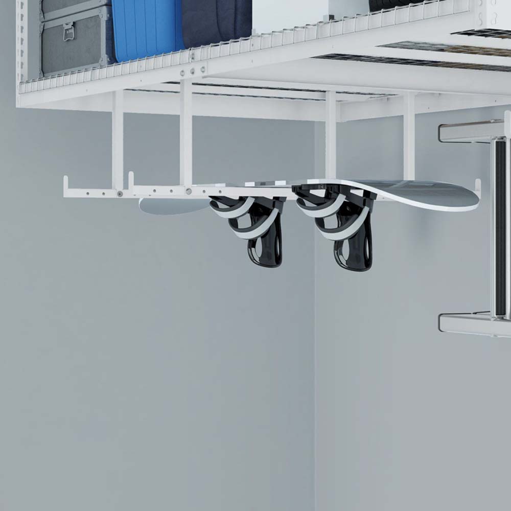 Ceiling Mounted Storage Rack In A Garage With A Lower Section Specifically Designed To Hold And Store Surfboards Securely