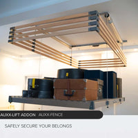 Ceiling Mounted Storage System Featuring Auxx-Fence With Cables Suspending A Metal Shelf