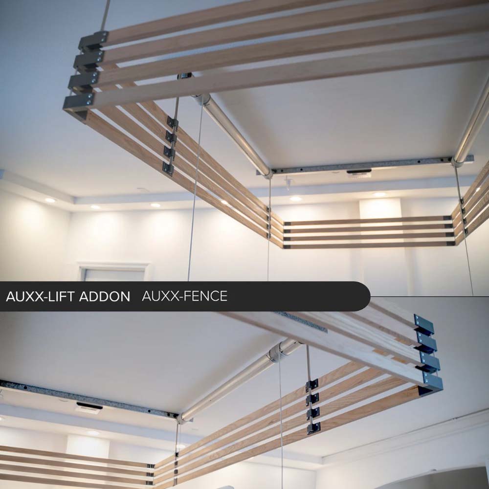 Ceiling Mounted Wooden Rack System Featuring Auxx-Fence