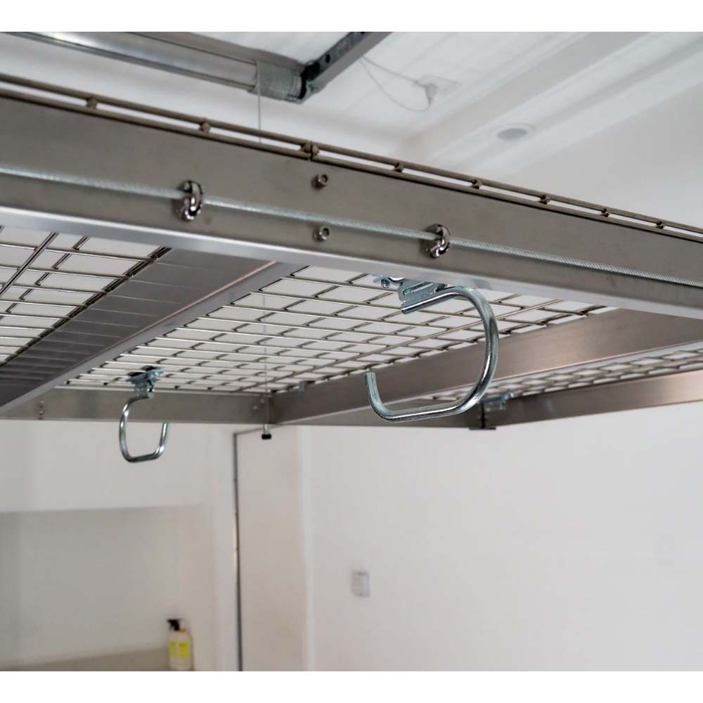 Ceiling Storage System With A Stainless Steel Wire Mesh Rack Metal Support Rails And Auxx-Hook
