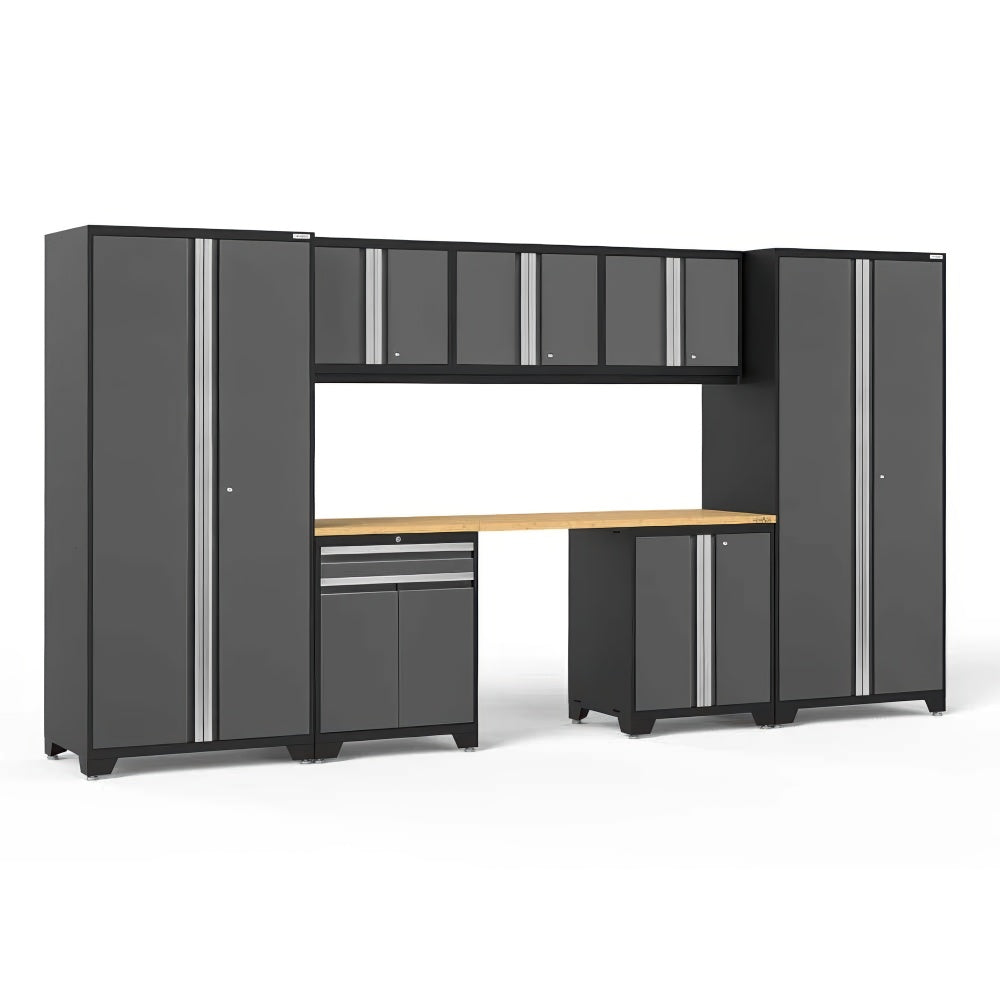 Charcoal Garage Cabinet System With Two Tall Towers Upper Cupboards Wood Worktop And Lower Storage Cabinets