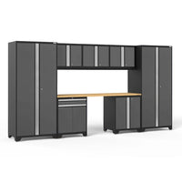 Charcoal Garage Cabinet System With Two Tall Towers Upper Cupboards Wood Worktop And Lower Storage Cabinets