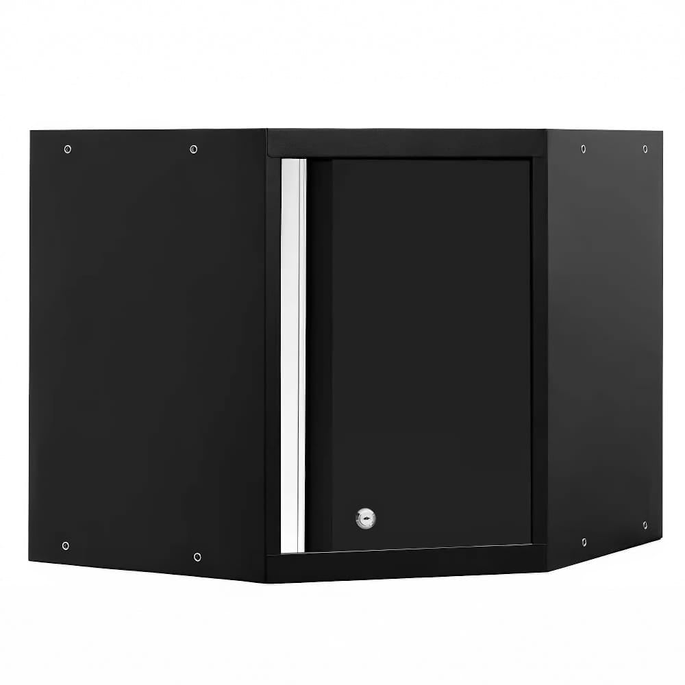Charcoal Grey Corner Wall Cabinet With Single Door Closed And Silver Handle Trim