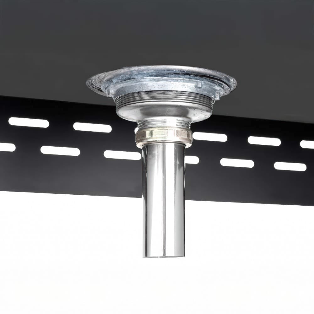 Chrome Leg Bolt Mounted Underneath A Black Cabinet With Slotted Backpanel