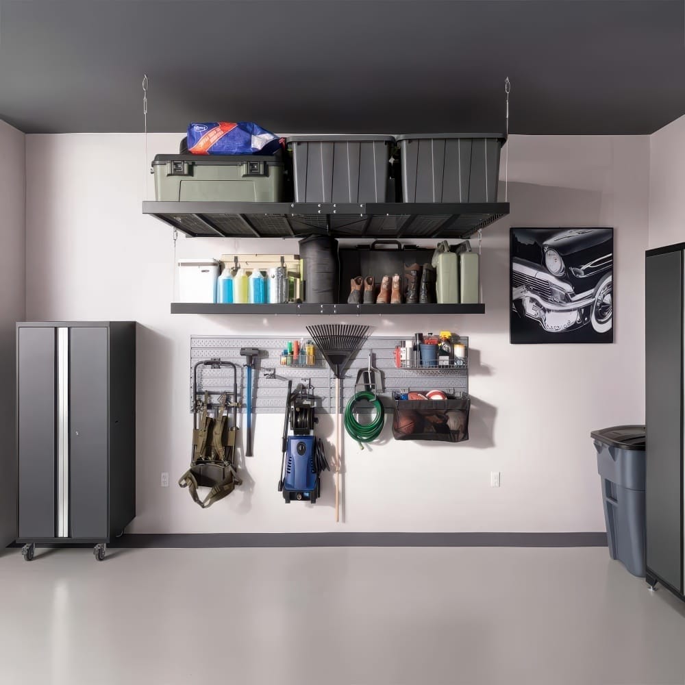 Clean Garage With Ceiling Mounted Overhead Rack Wall Shelves And Pegboard Holding Tools Gear And Bins Next To Rolling Tall Cabinet