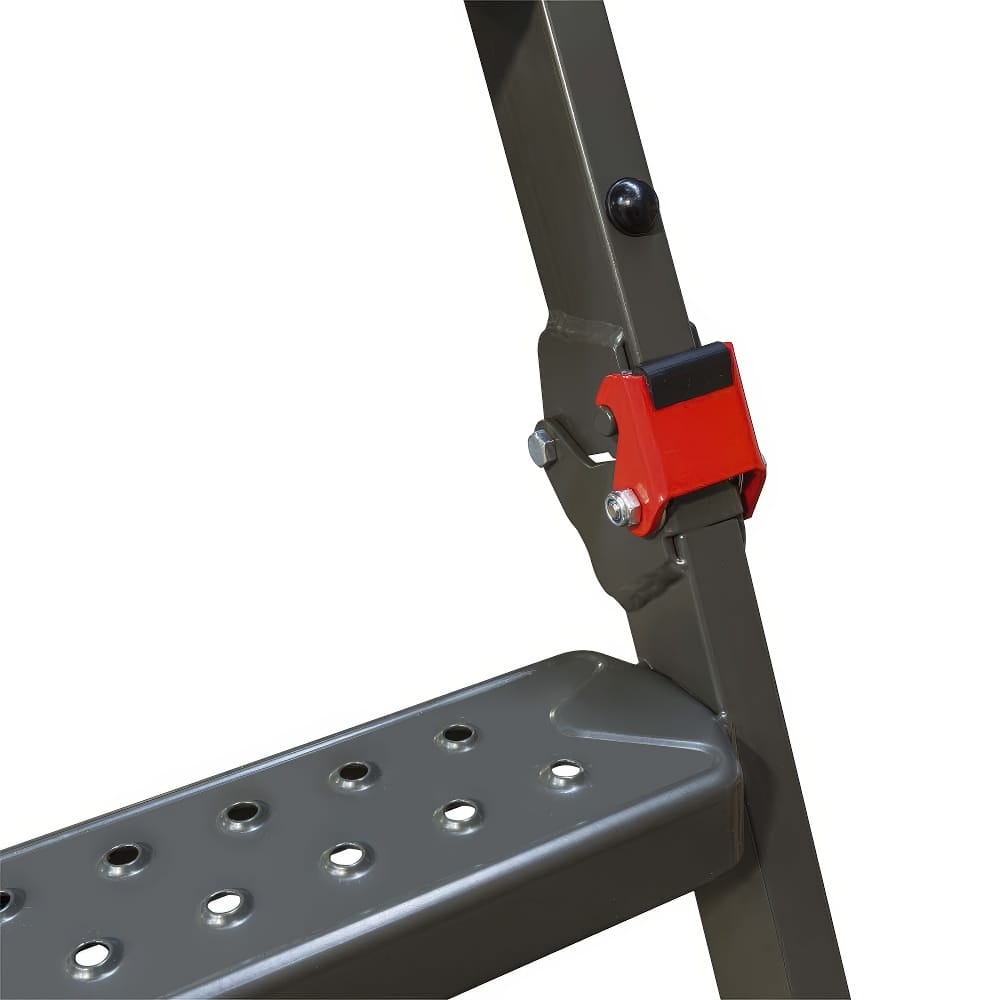 Close-Up Of A Foldable Metal Attic Ladder Featuring A Red Locking Hinge Mechanism And A Perforated Anti-Slip Step