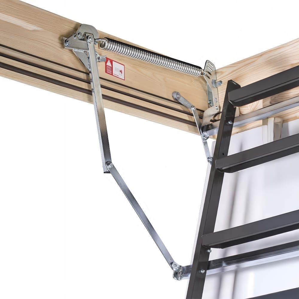 Close-Up Of A Folding Attic Ladder With A Metal Frame And Spring-Loaded Hinge Mechanism