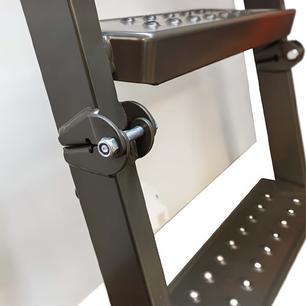 Close-Up Of A Metal Attic Ladder s Hinge Mechanism Highlighting The Joint Where Two Sections Of The Ladder Connect And Pivot