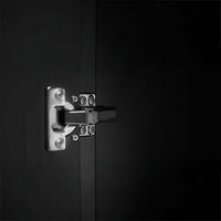 Close-Up Of A Metal Cabinet Hinge On A Black Door With Visible Screws