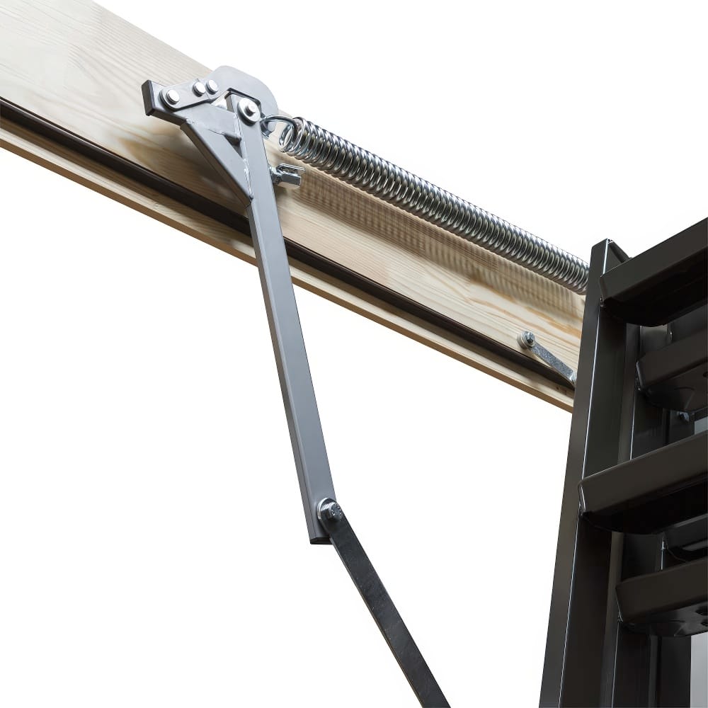 Close-Up Of A Spring-Loaded Metal Hinge Mechanism Attached To A Wooden Attic Hatch Frame