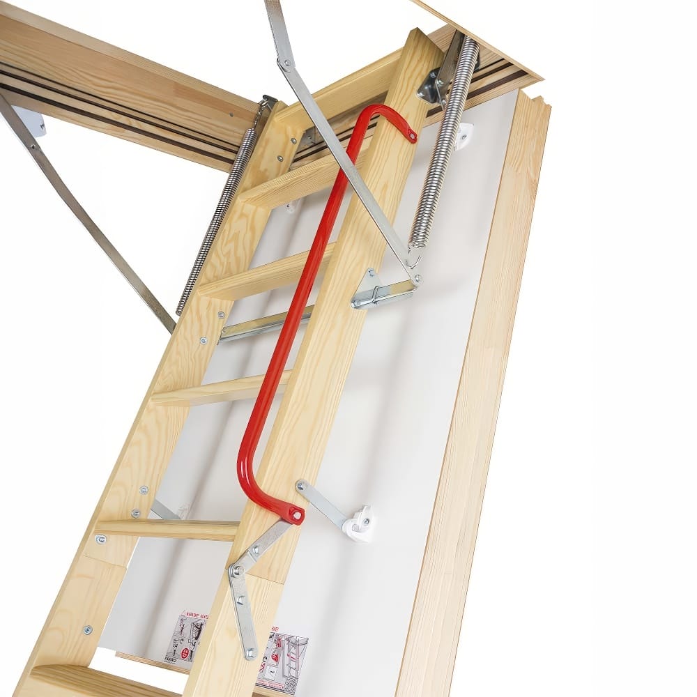 Close-Up Of A Wooden Attic Ladder With A Red Handrail And Metal Support Arms Securely Attached To A Ceiling Hatch