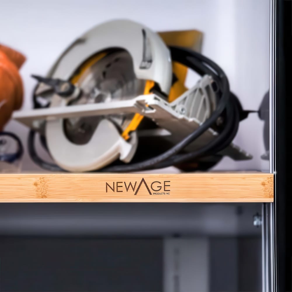 Close-Up Of Bamboo Worktop With NewAge Logo And A Circular Saw Blurred In The Background