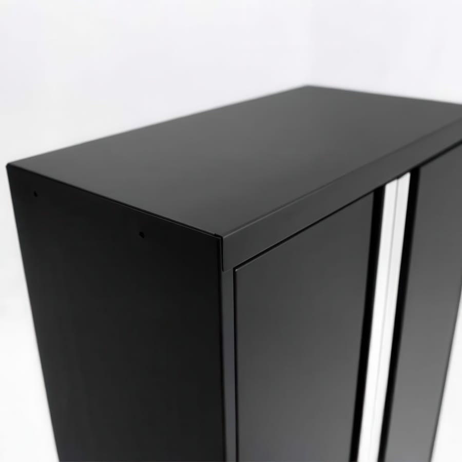 Close-Up Of Black Metal Garage Cabinet Top Corner With Silver Vertical Handle And Smooth Edges