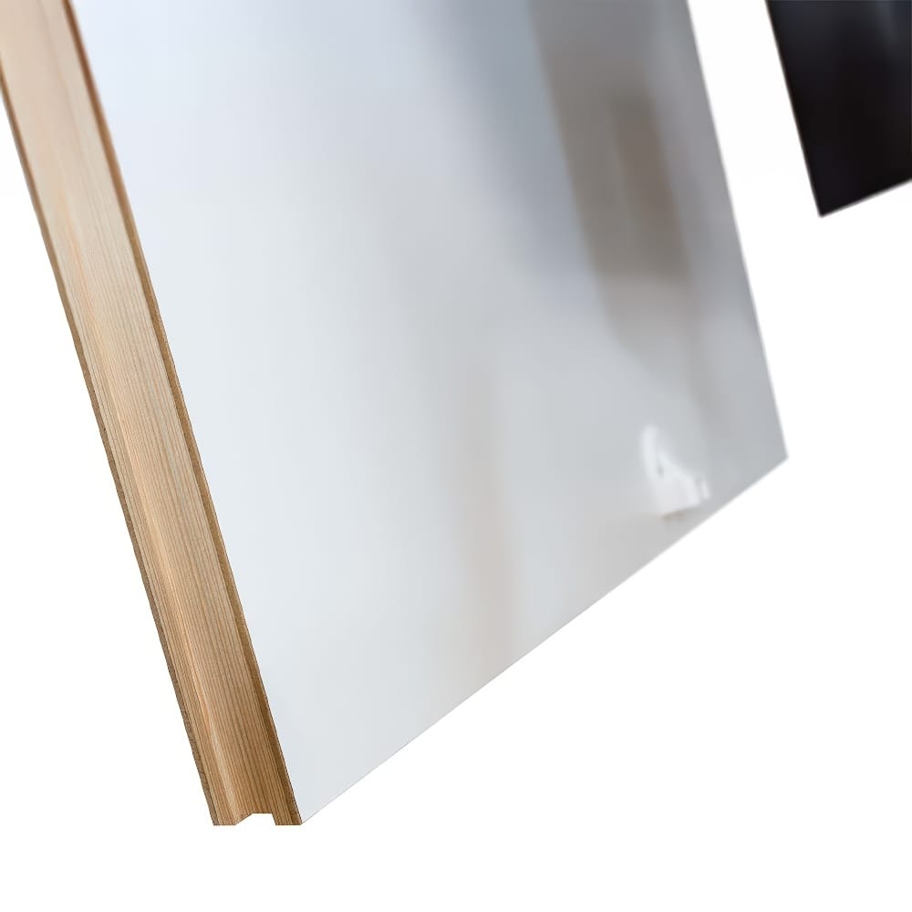 Close-Up Of The Edge And Surface Of A Wooden Attic Ladder Door Panel Featuring A Smooth White Finish And Visible Wood Grain Along The Side