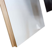 Close-Up Of The Edge And Surface Of A Wooden Attic Ladder Door Panel Featuring A Smooth White Finish And Visible Wood Grain Along The Side