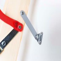 Close-Up Of The Metal Support Arm And Red Safety Handrail Securely Fastened To The Wooden Section Of A Foldable Attic Ladder