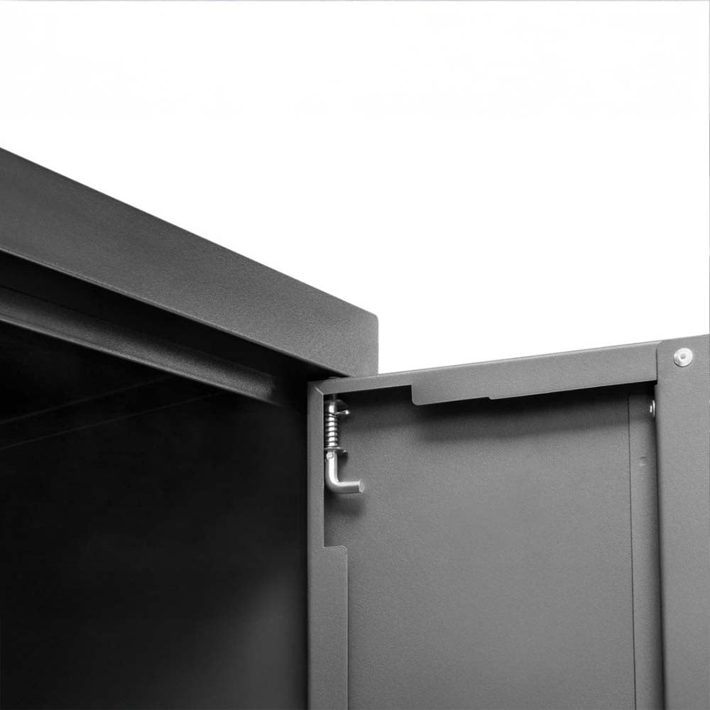 Close-Up Of The Upper Hinge Mechanism On A Black Metal Cabinet Door