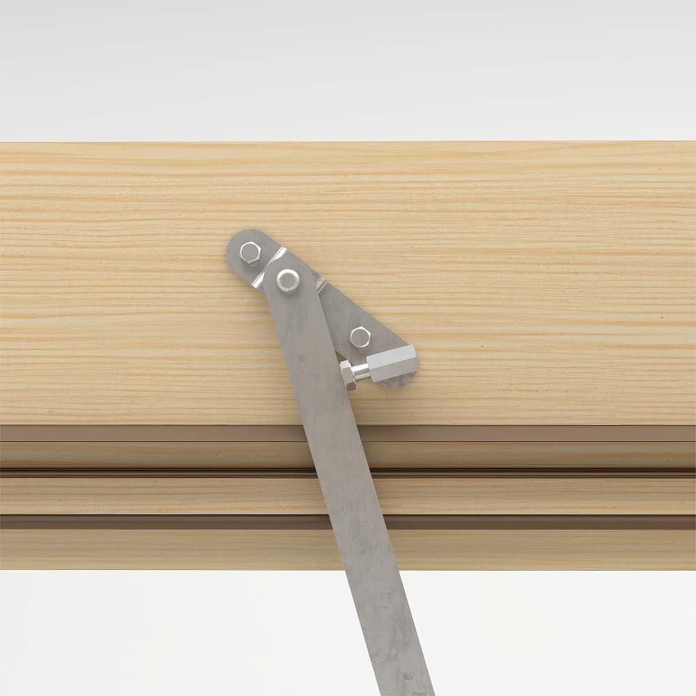 Close-Up Of A Wooden Attic Ladder With A Red Handrail And Metal Support Arms Securely Attached To A Ceiling Hatch