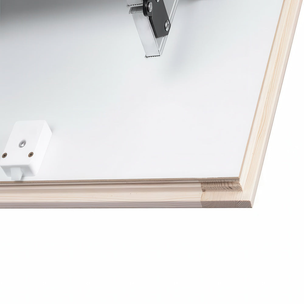Close-Up View Of A White Attic Hatch Panel With Wooden Frame And Metal Ladder Hinge Hardware