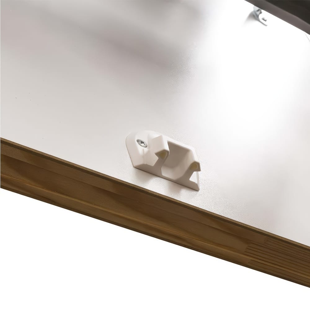 Close-Up View Of A White Latch Mechanism Mounted On The Inside Surface Of A Wooden Attic Ladder Door