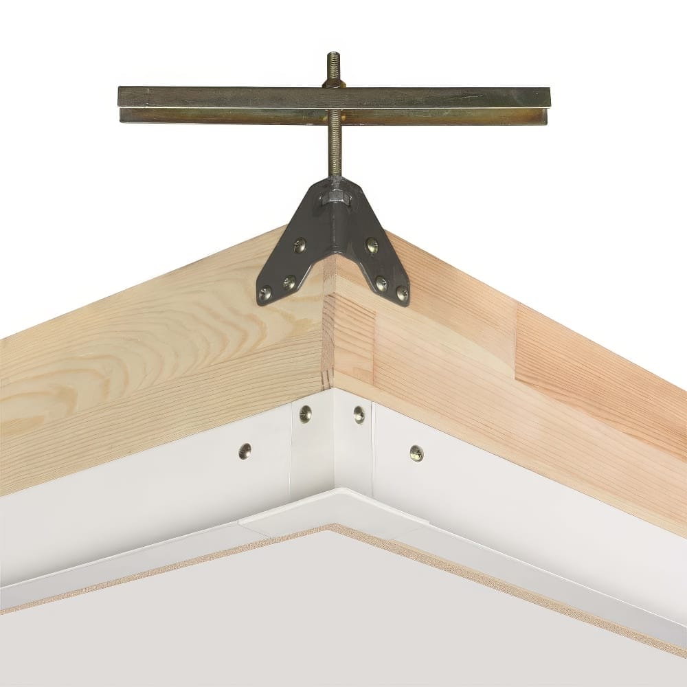 Close-Up View Of The Corner Of A Wooden Attic Ladder Frame Featuring A Metal Adjustment Bracket With A Threaded Rod And T-Handle