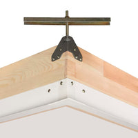 Close-Up View Of The Corner Of A Wooden Attic Ladder Frame Featuring A Metal Adjustment Bracket With A Threaded Rod And T-Handle