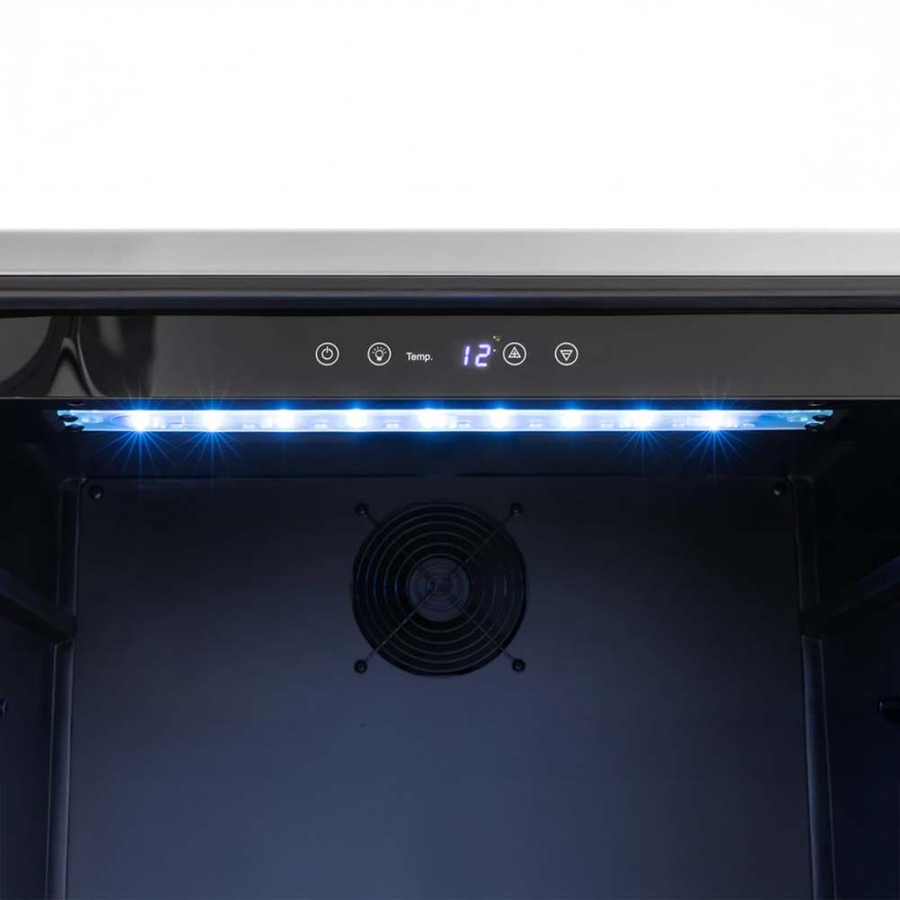 Close-Up View Of The Interior Top Section Of A Beverage Cooler Featuring A Digital Temperature Display Control Buttons And Bright LED Lighting