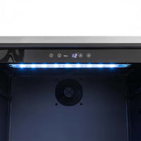 Close-Up View Of The Interior Top Section Of A Beverage Cooler Featuring A Digital Temperature Display Control Buttons And Bright LED Lighting