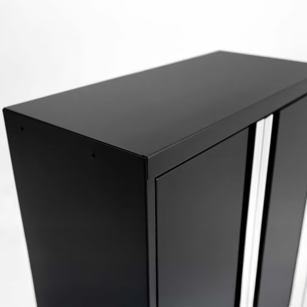 Close-Up View Of The Top Corner Of A Sleek Black Metal Storage Cabinet With Vertical Silver Handles
