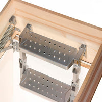 Close-Up View Of Two Perforated Metal Steps From A Folding Attic Ladder Securely Attached To A Wooden Ceiling Frame