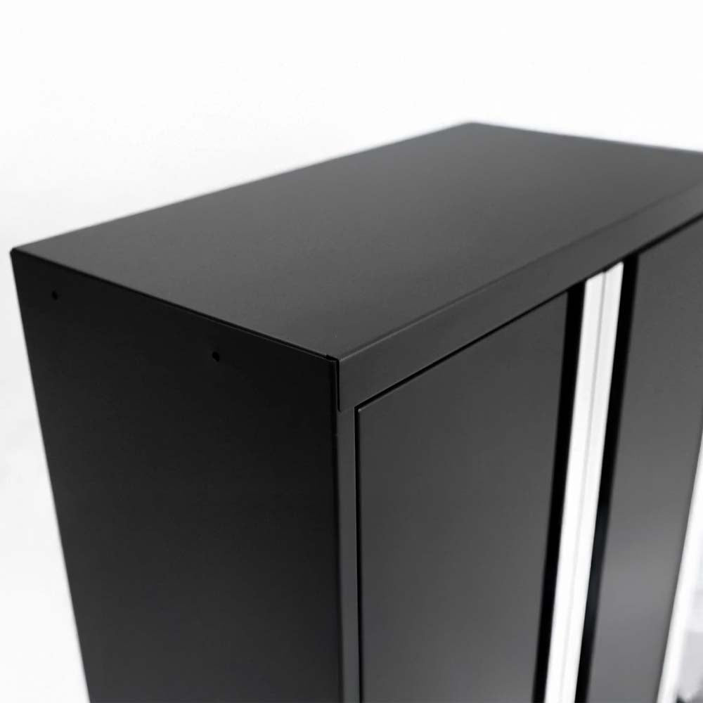 Close Up Of A Black Metal Cabinet With Tall Doors And Slim Silver Handle Accents