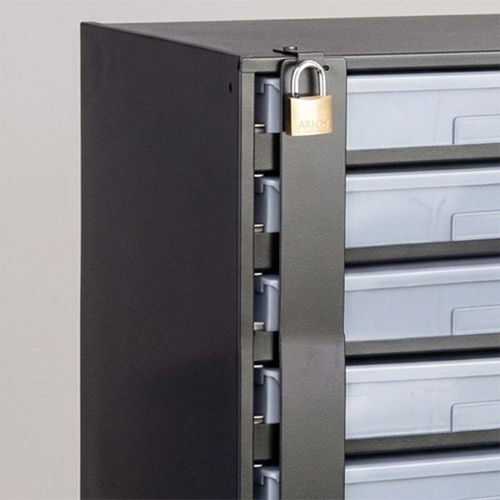 Close Up Of A Drawer Locking Bar With A Padlock Beside Metal Drawer Fronts