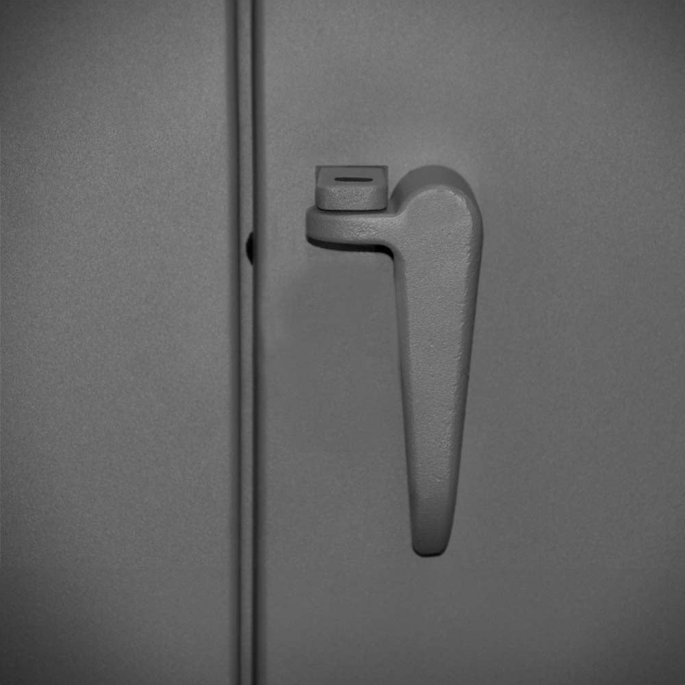 Close Up Of A Gray Door Handle Of 5 Shelf Wardrobe Cabinet 36x24x78 Durham On A Metal Surface
