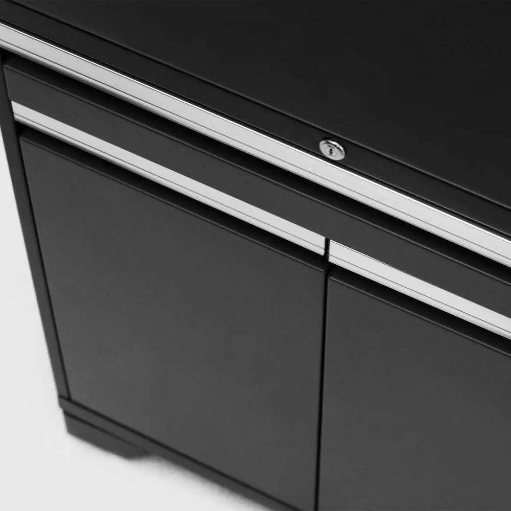 Close Up Of A Locked Black Metal Cabinet Featuring Sleek Horizontal Silver Handles Above Two Front Doors