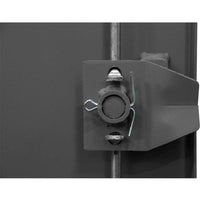 Close Up Of A Metal Latch Mechanism Of 4 Shelf Lockable Steel Cabinet With A Pin And Clip Securing It In Place