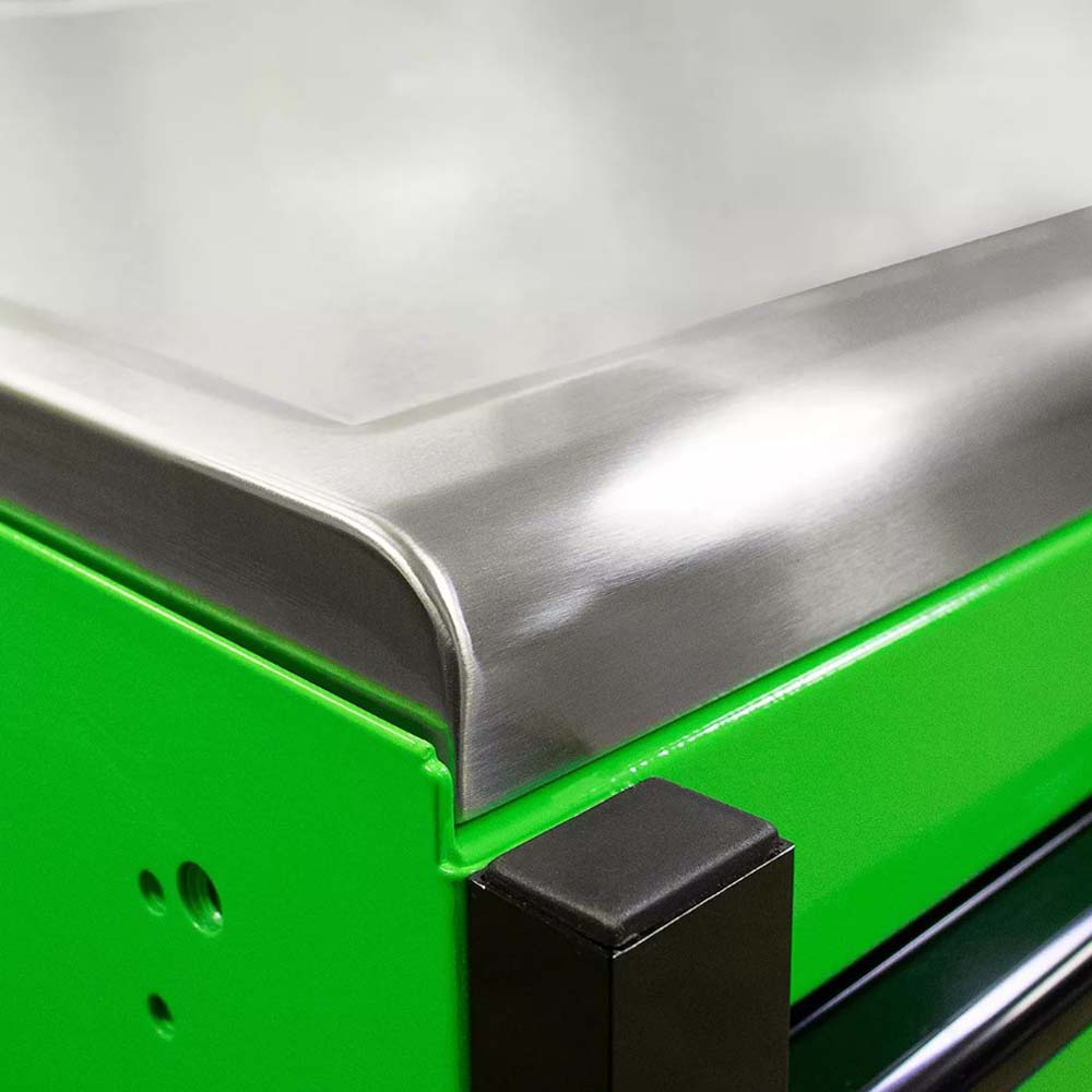 Close Up Of A Stainless Steel Countertop On A Green Extreme Tools Roller Cabinet With Drawers