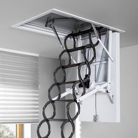 Close Up Of An Electric Retractable Attic Ladder With Circular Steps Extending From A Ceiling Hatch