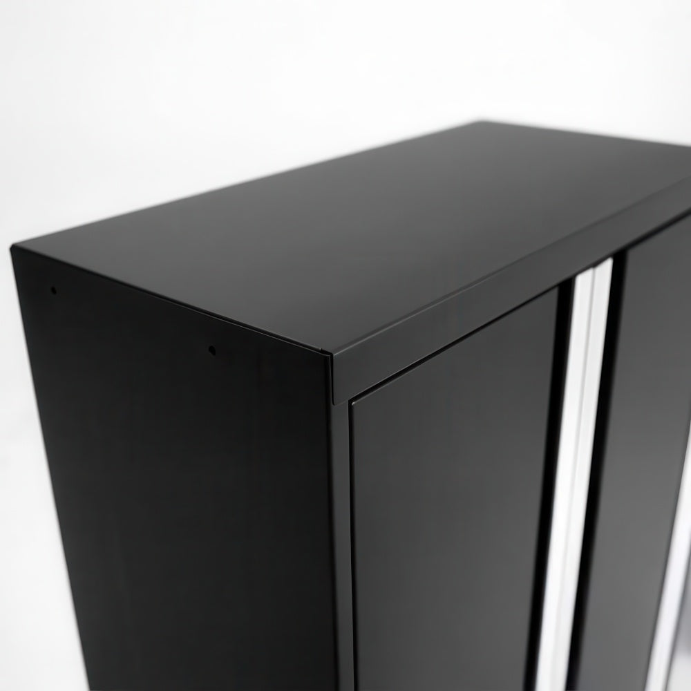 Close Up Of Black Metal Garage Cabinet Top With Smooth Flat Surface And Sleek Modern Edges