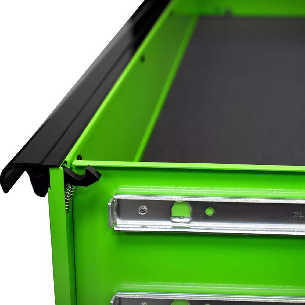 Close Up Of The Interior Of A Green Extreme Tools EX7217RC Drawer Featuring The Drawer Slides And A Black Anti Slip Liner At The Bottom