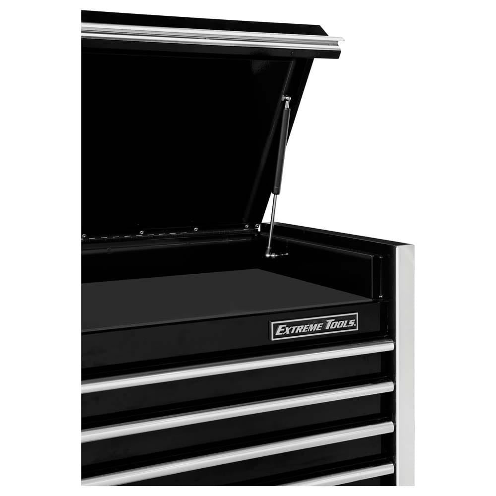 Close Up Of The Top Section Of A Black Extreme Tools Tool Chest Top With The Lid Open Supported By A Strut Mechanism