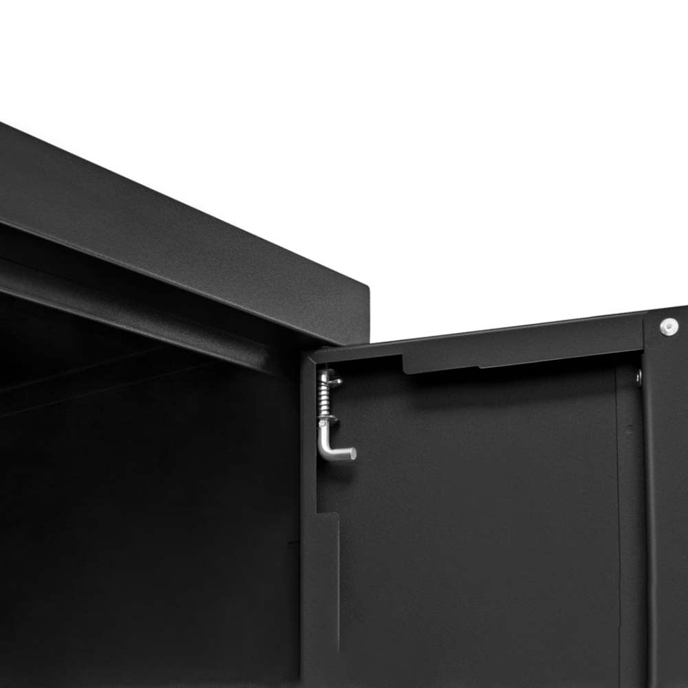 Close Up View Of A Black NewAge 12 Piece Bold Series Cabinet Set With Lockers With Its Door Open