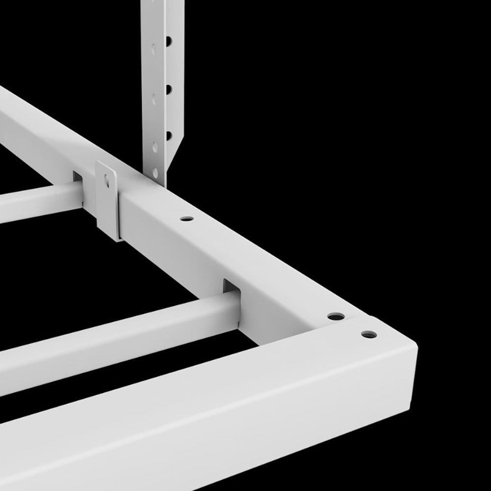 Close Up View Of A Corner Of A White Metal EZ Storage Overhead Rack Top Highlighting The Structural Detail And Assembly Points