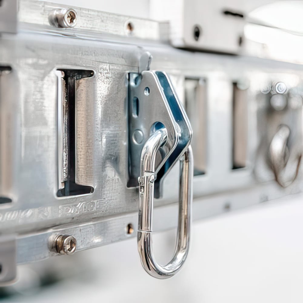 Close Up View Of A Metal Carabiner Attached To A Sturdy Aluminum Equipment Case Part Of AuxxLift Home Garage Electric Lift