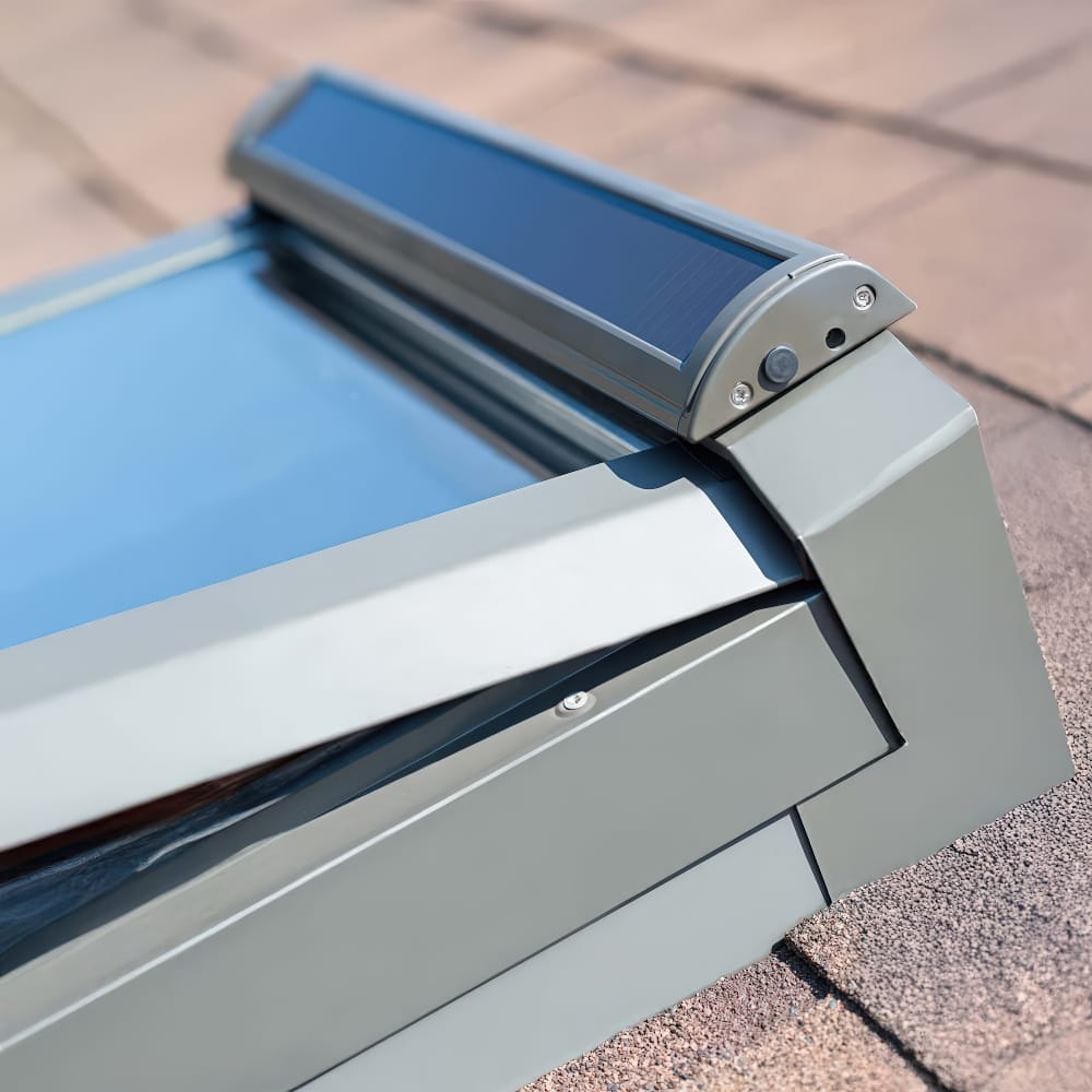 Close Up View Of A Roof Window With Solar Powered Panel And Modern Framing