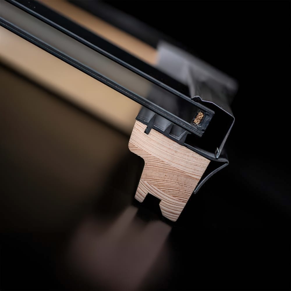 Close Up View Of A Wooden Window Frame Cross Section With Double Glazing And Black Sealing Components